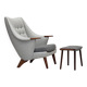 1970s, Danish high-backed armchair with stool, wool, teak wood.