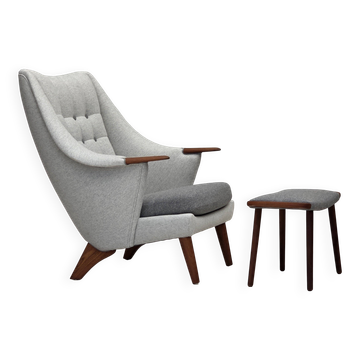 1970s, Danish high-backed armchair with stool, wool, teak wood.