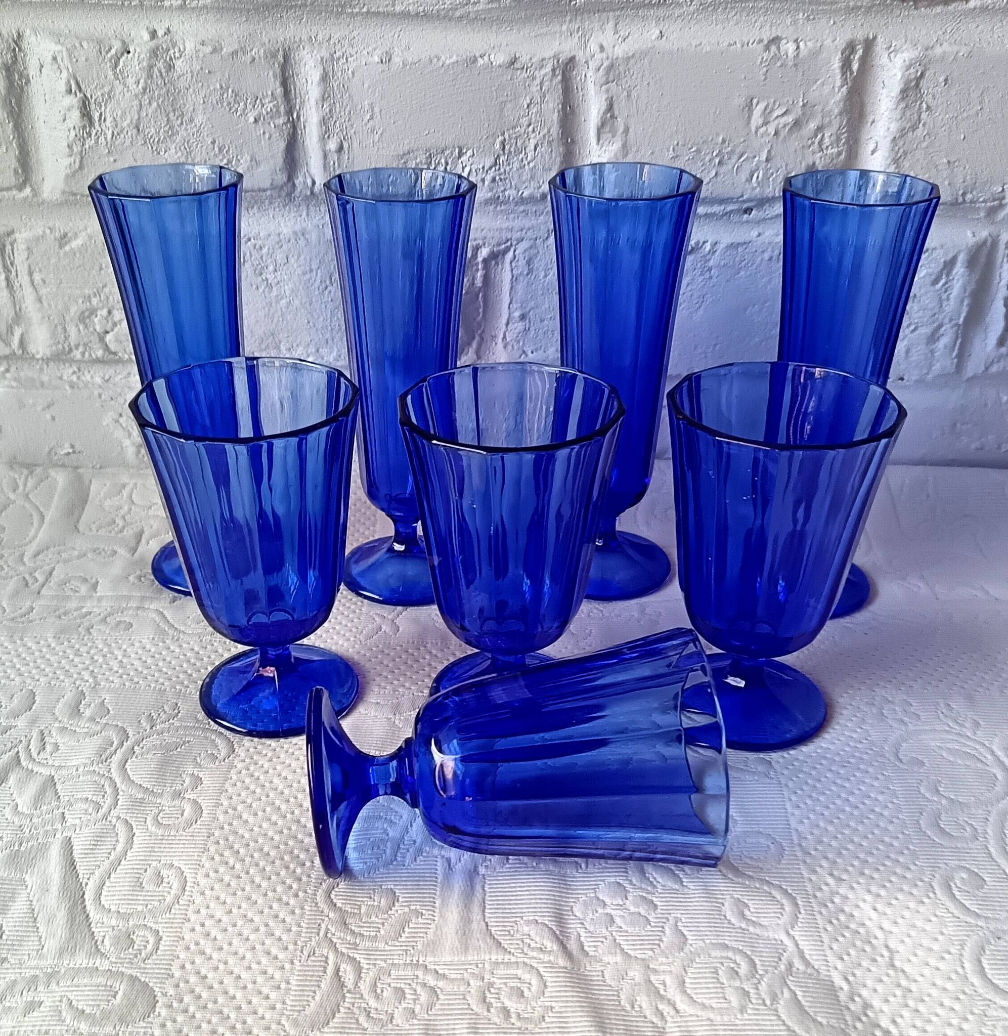 8 vintage aperitif glasses in cobalt blue coloured glass from Portugal.