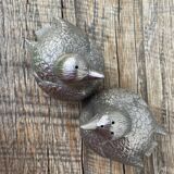 Duo of salt shaker and pepper in the shape of a bird in silver metal and its basket