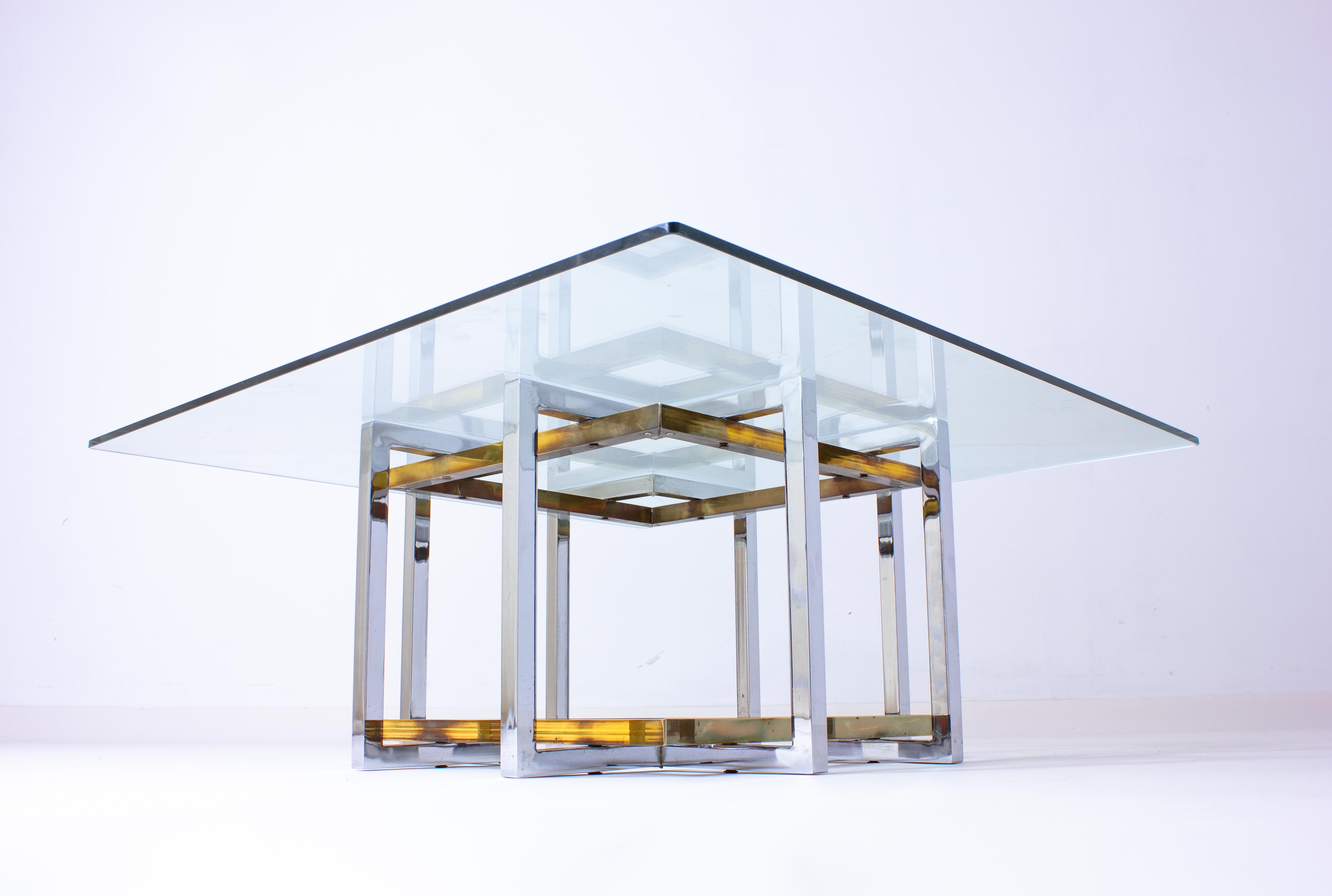 Geometrical brass & chrome coffee table, Belgium 1970s
