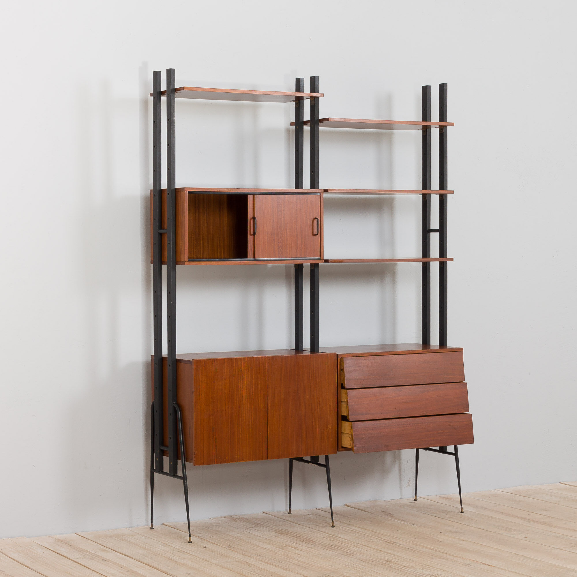 Italian mid century 2 bay teak wall unit free standing, 1960s