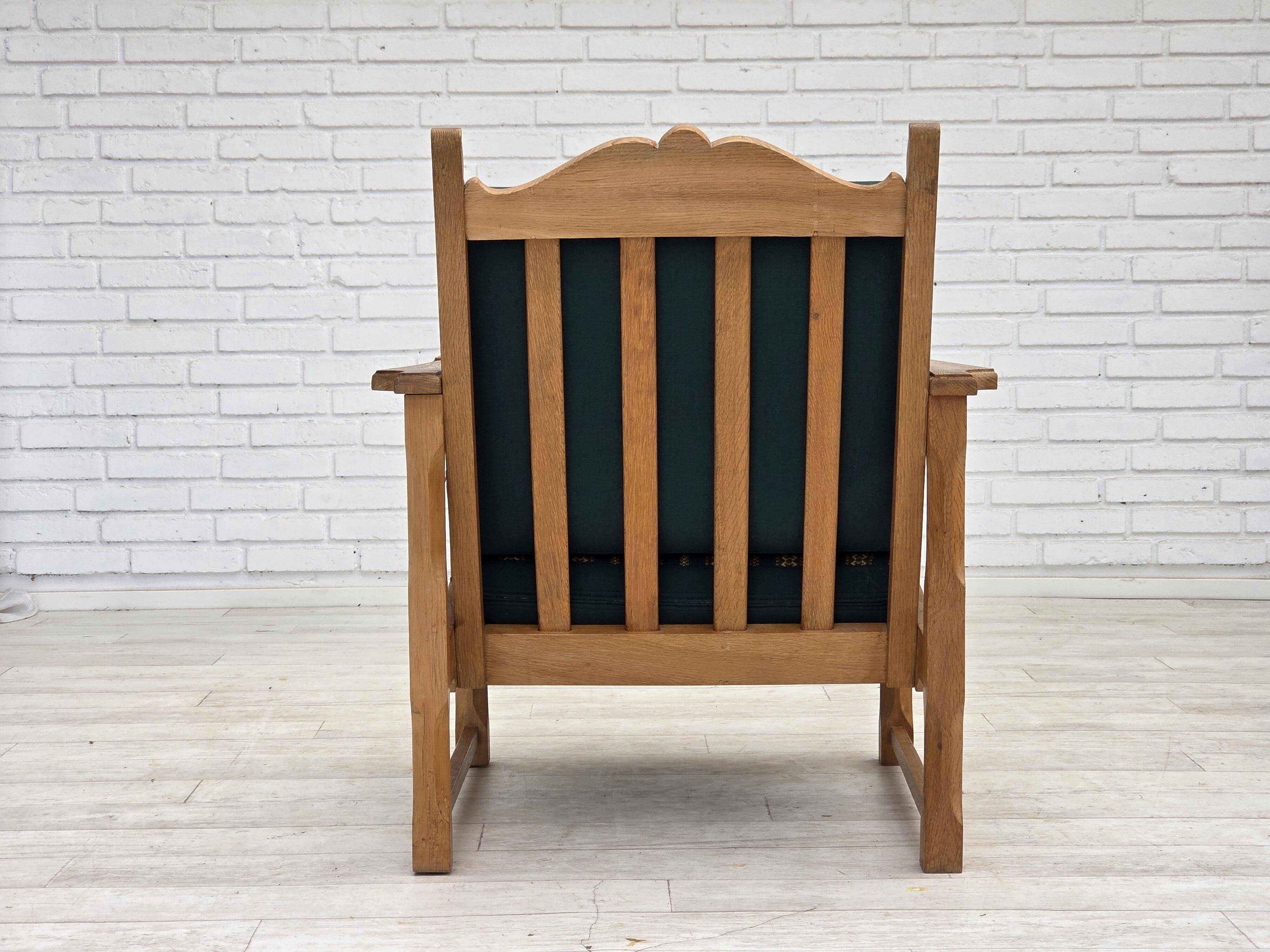 1970s, Scandinavian lounge chair, green furniture wool, solid oak wood.