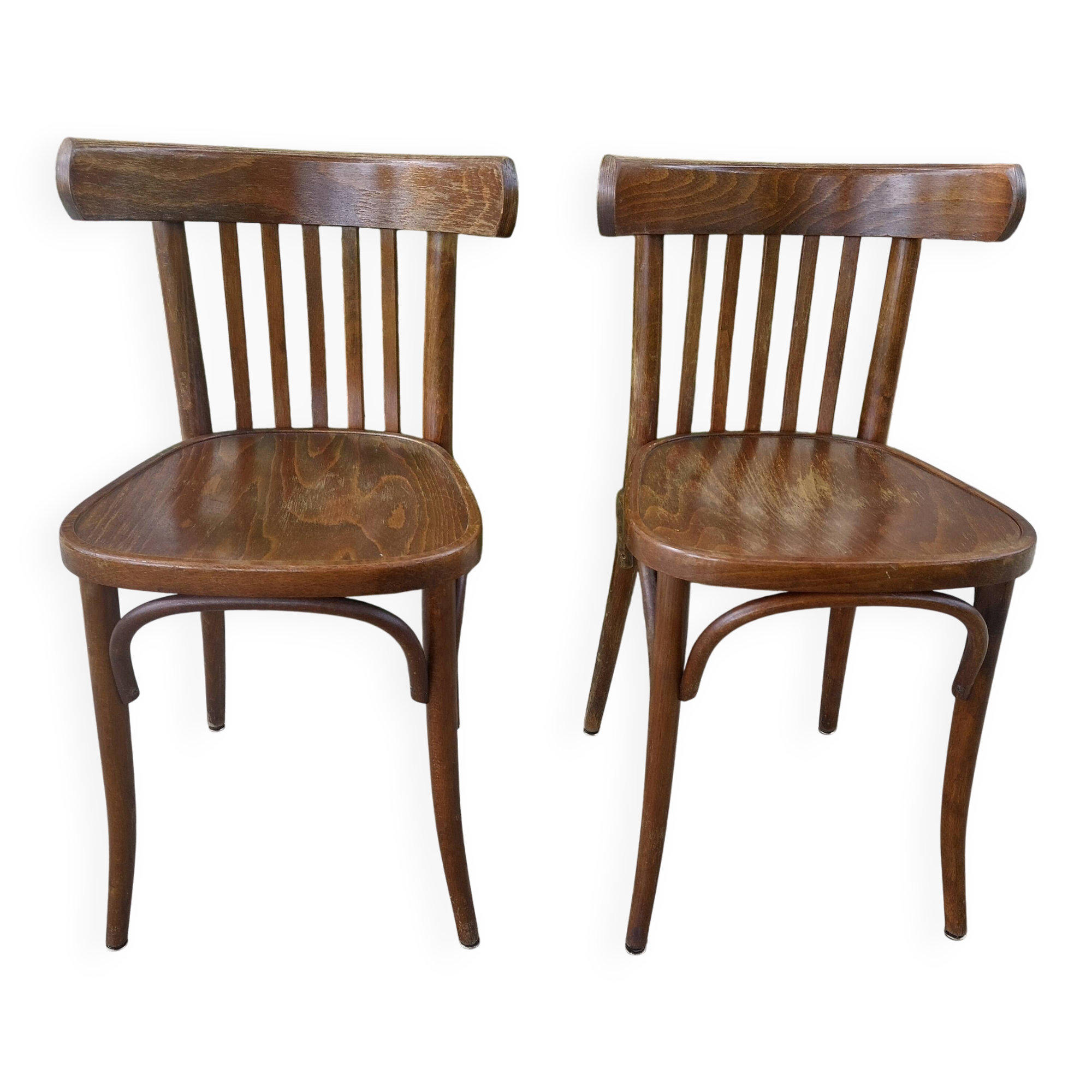 pair of dark bistro chairs, rounded backs, Baumann style