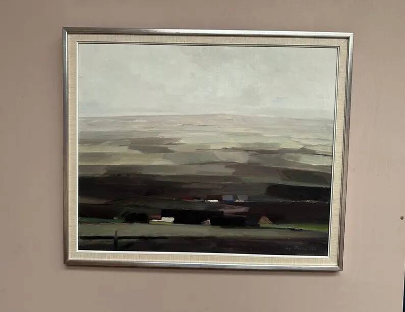 Oil on panel original Swedish - "House in a flat landscape" by Evert Färhm - Dated 1968 - vintage and framed - 81 × 68 cm (31.9" × 26.8")