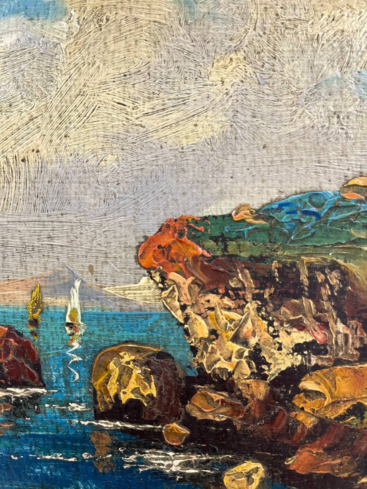 Tableau HST Marine with sailing boats by the seaside early 20th century signed