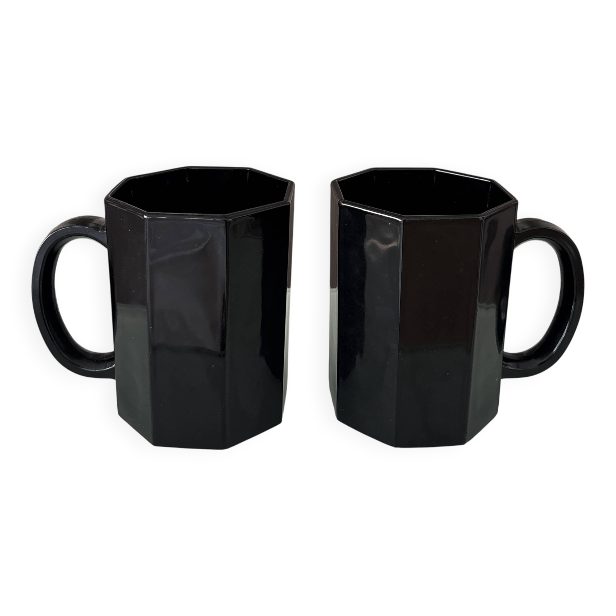 Vintage French Octagonal Black Glass Mugs | Set of 2 | Arc France | 1980s