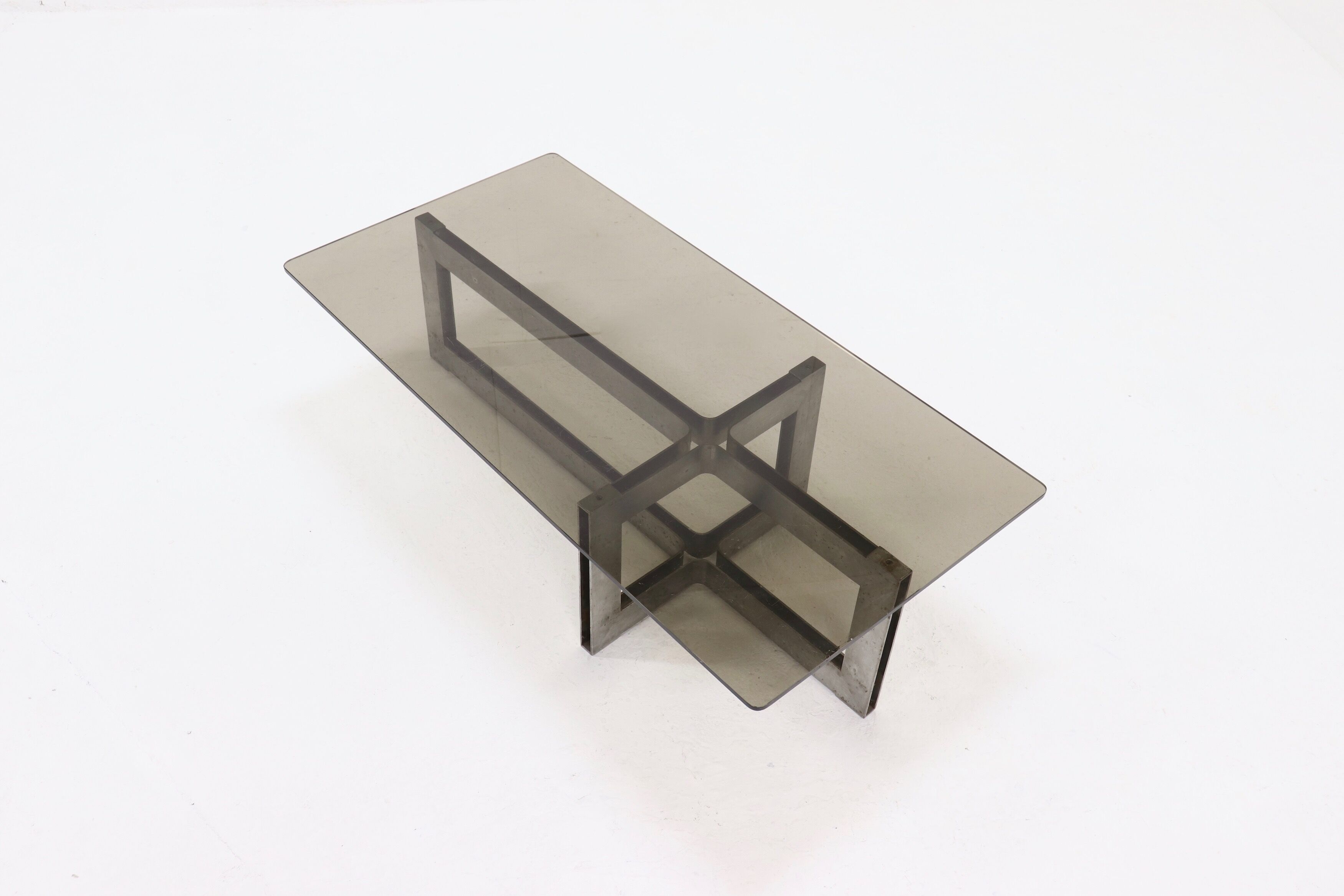 Brutalist steel and smoked glass coffee table 1970s