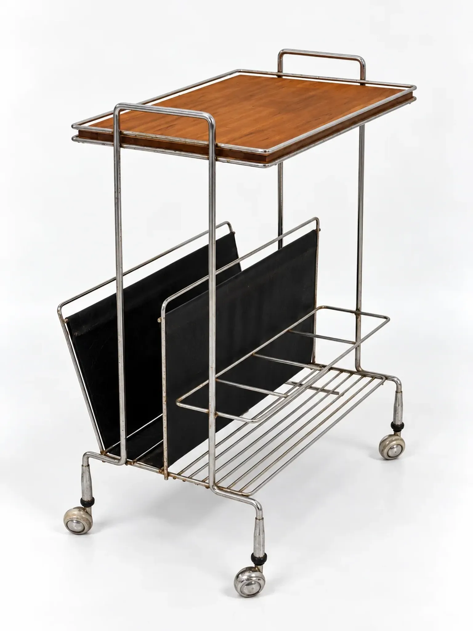 Mid-Century chrome and wood bar cabinet with magazine rack
