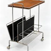 Mid-Century chrome and wood bar cabinet with magazine rack