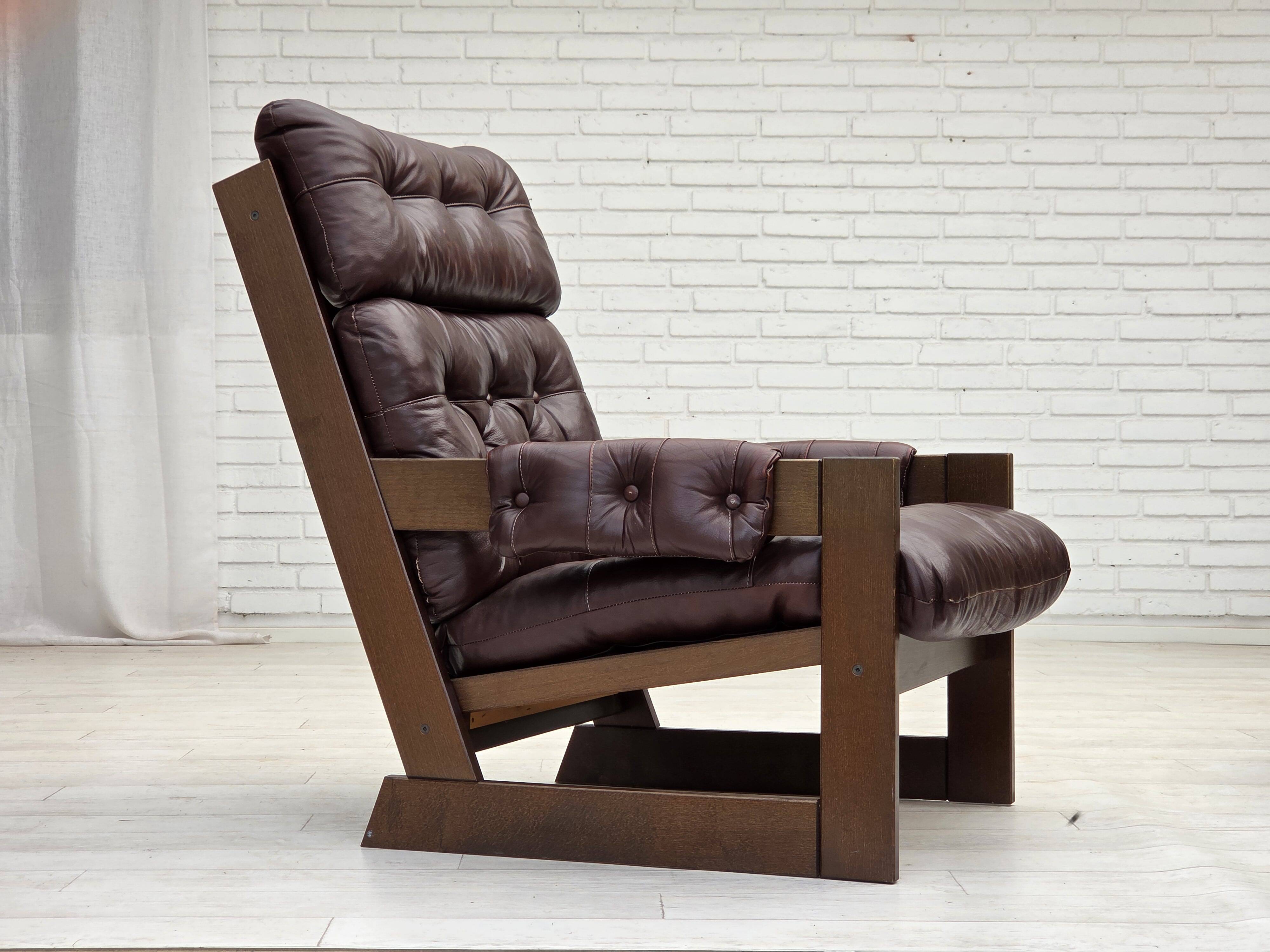 1970s, Scandinavian highback armchair, brown furniture leather, dark beech.