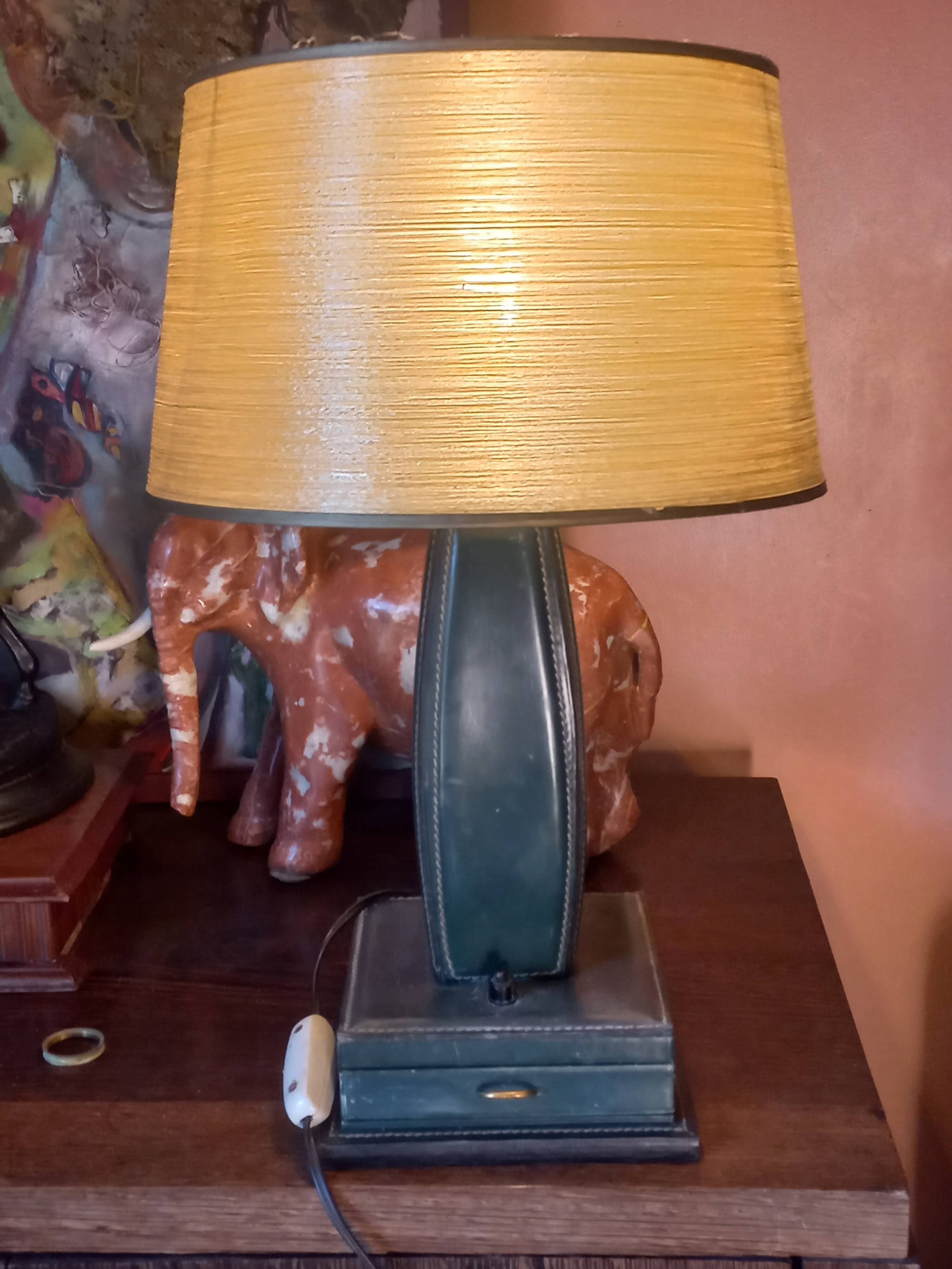 Vintage leather desk lamp with saddle stitching from the 1960s.