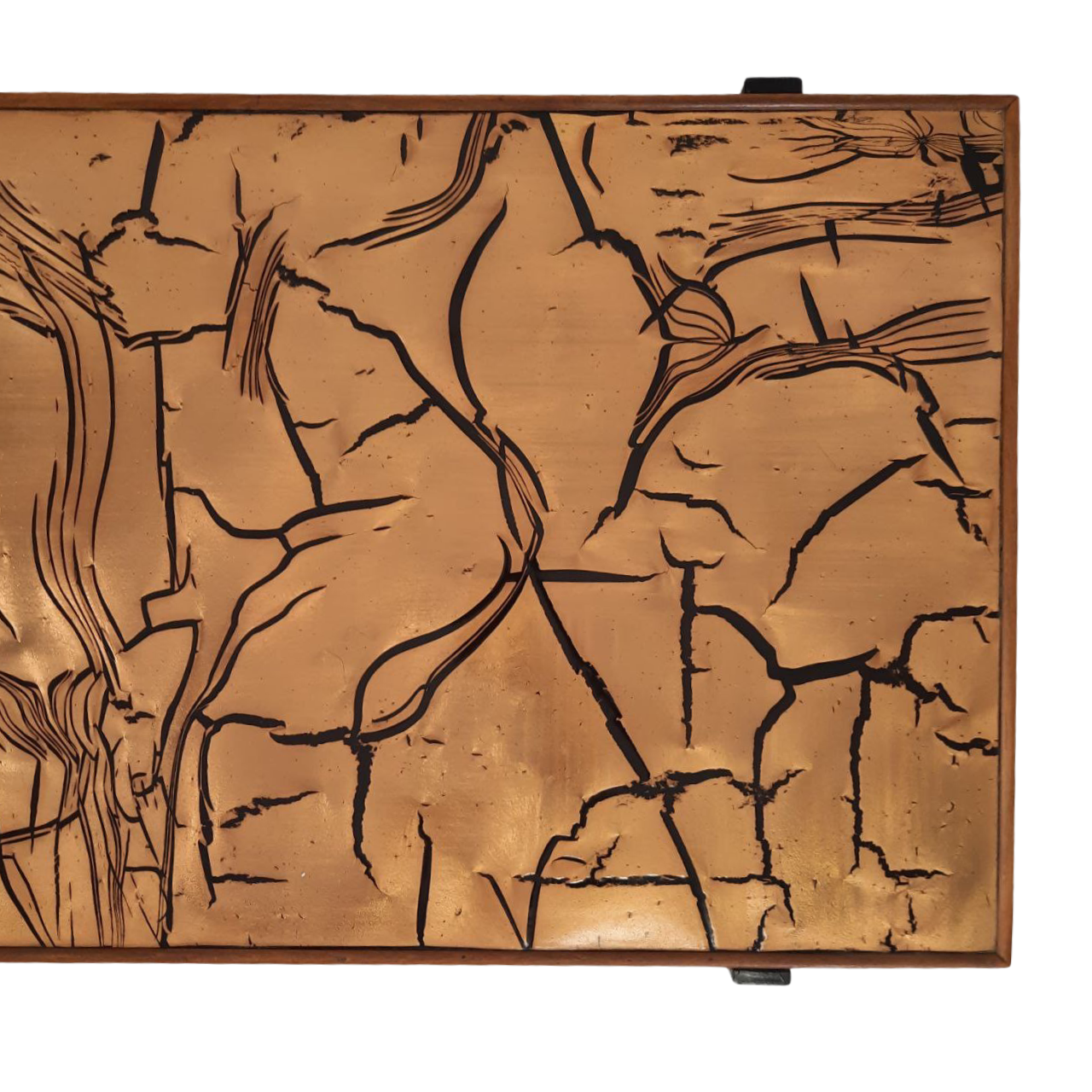 Coffee table 60s top enamelled color red and gold, metal and brass base.