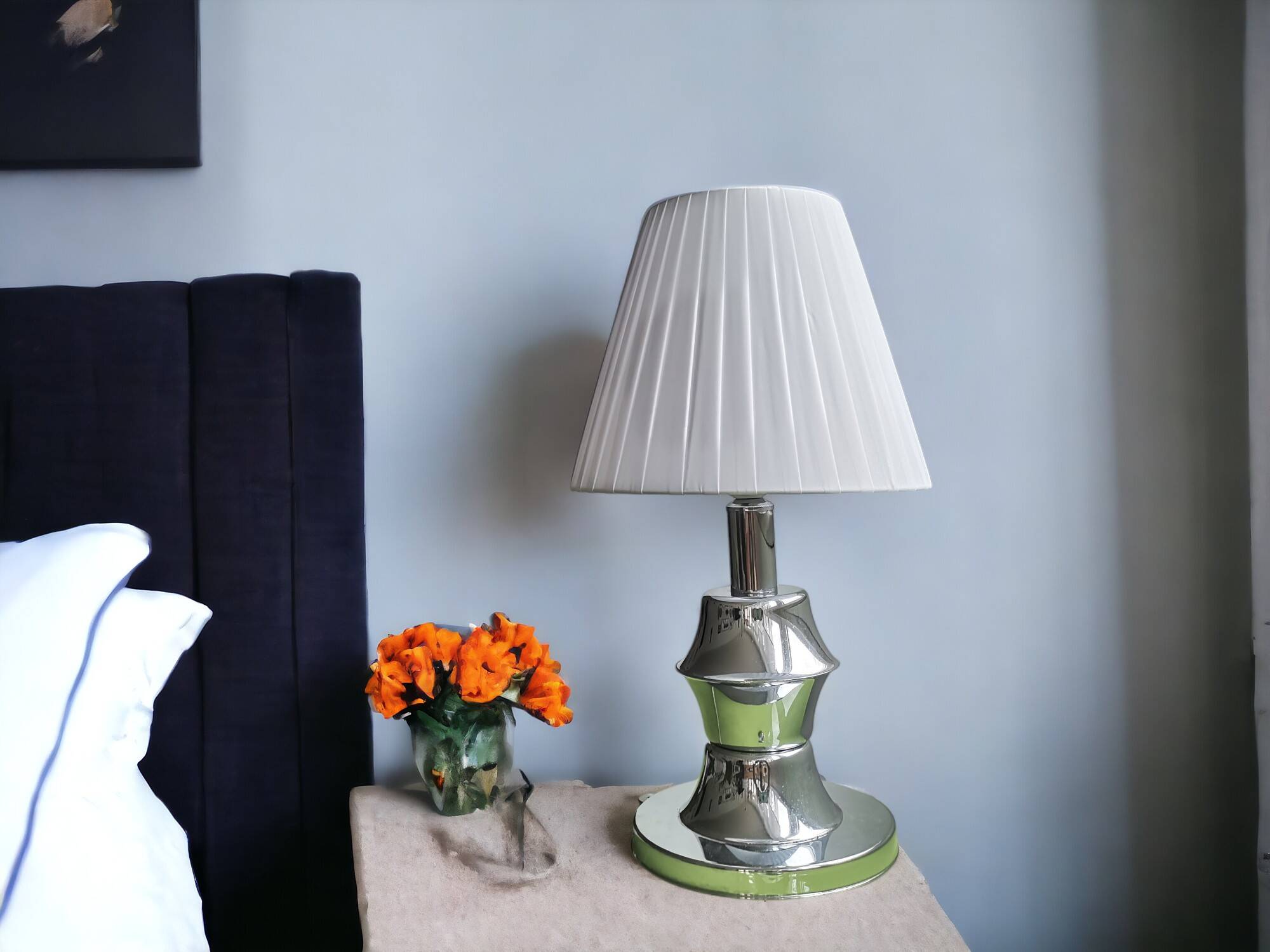 Mid Century Modern chromed table lamp with white pleated shade