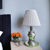 Mid Century Modern chromed table lamp with white pleated shade