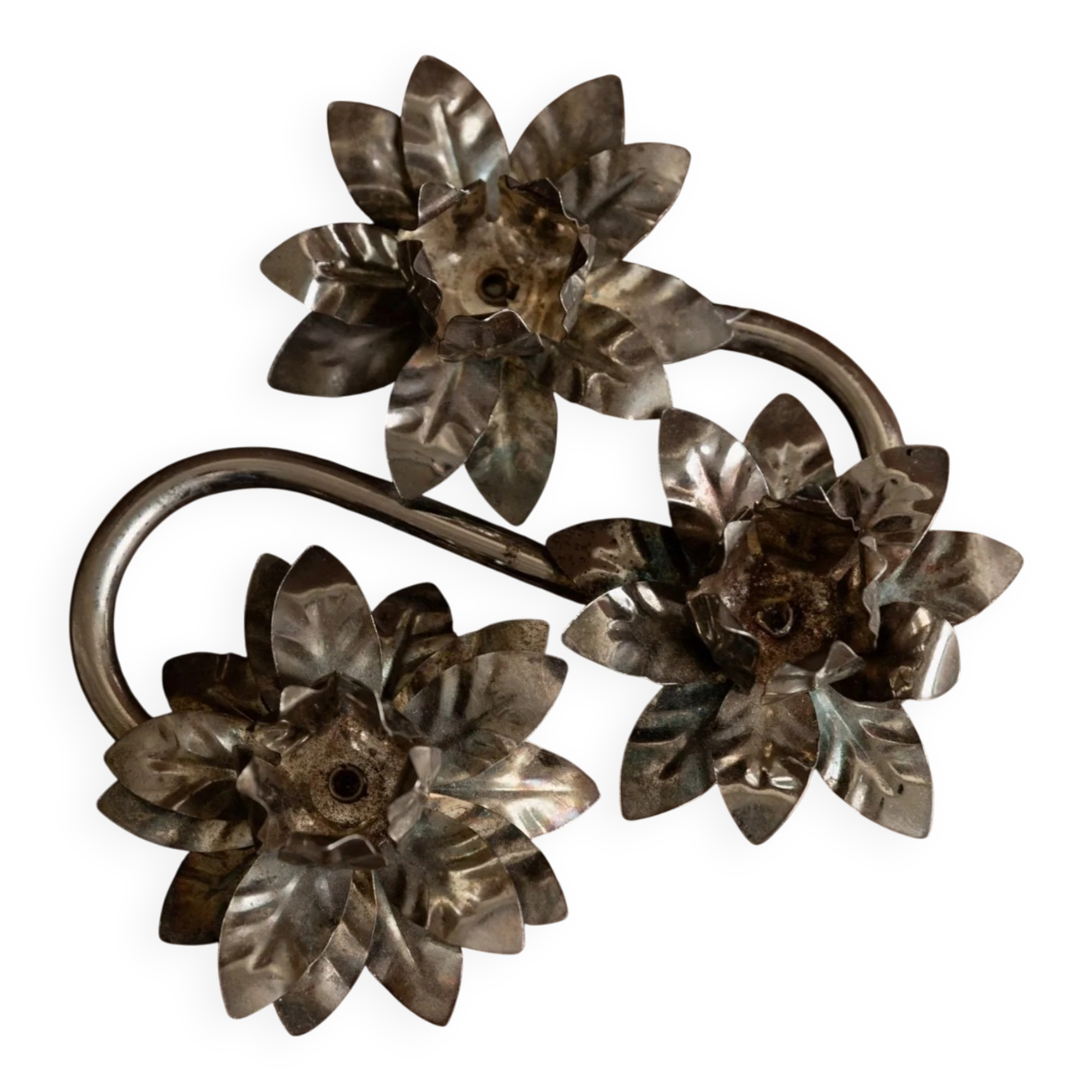 Silver-plated Metal Candlestick with 3 Flower Cups - Vintage Mid-Century Italian Design (1960s)