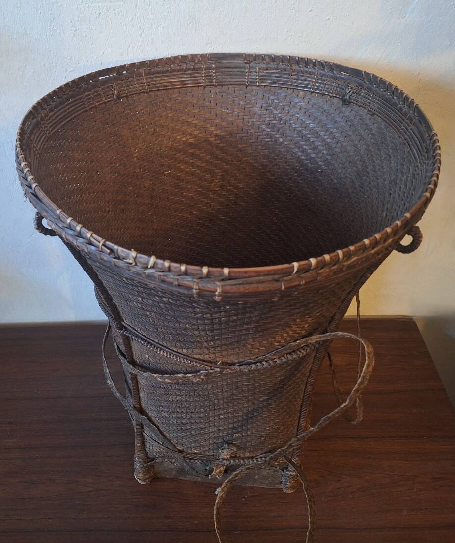 Antique Laos Khmu tribal hand woven carrying basket