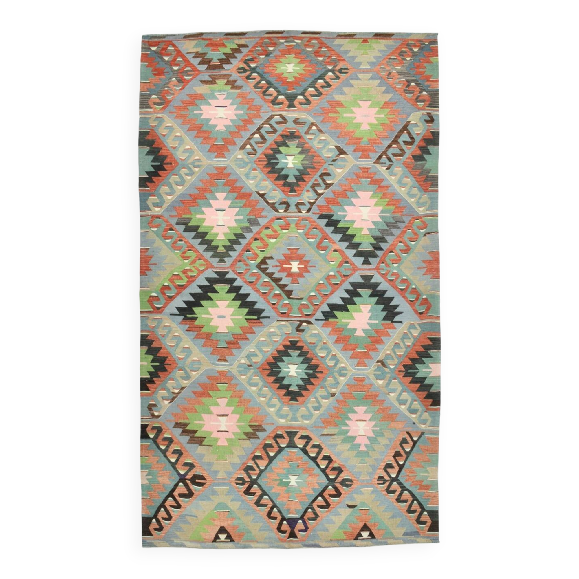 Kilim vintage tons verts et roses,motifs géométriques anatoliens,181x315 Cm