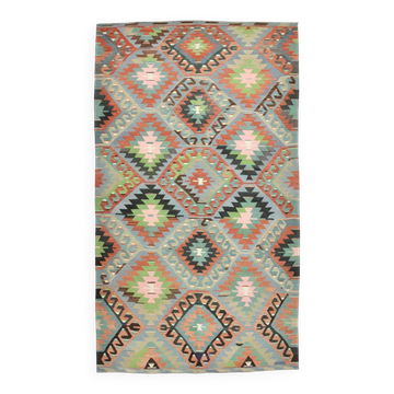 Kilim vintage tons verts et roses,motifs géométriques anatoliens,181x315 Cm