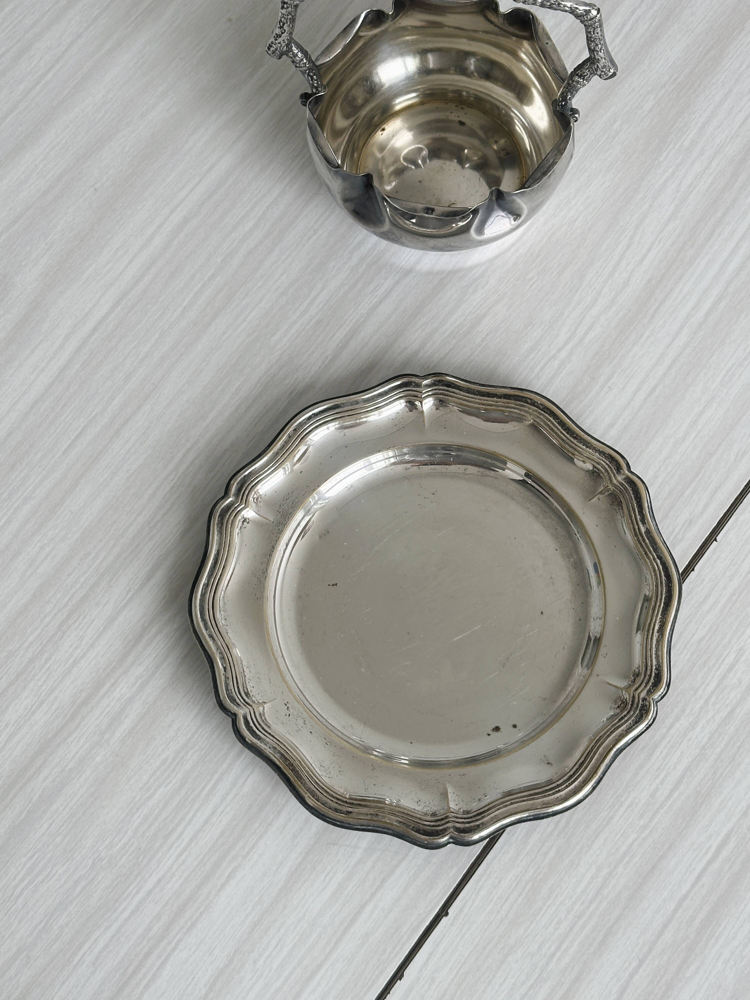 Antique sugar bowl or small sauce boat in patinated silver metal