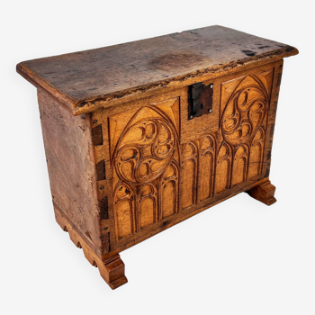 Antique Oak Chest with Carved Gothic Panel, 1900s