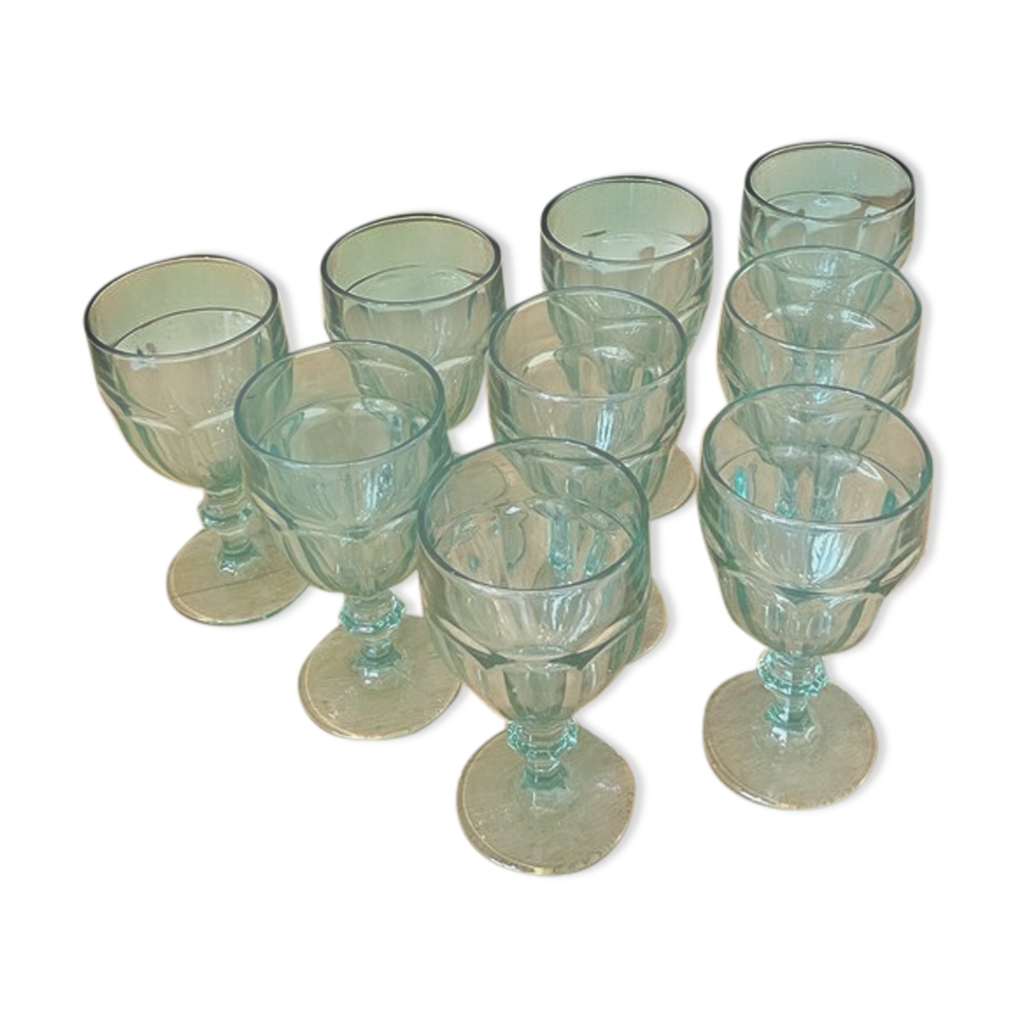 9 green molded glass glasses