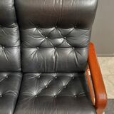 Teak and Black Leather 32 seat sofa by HS Denmark 1970s