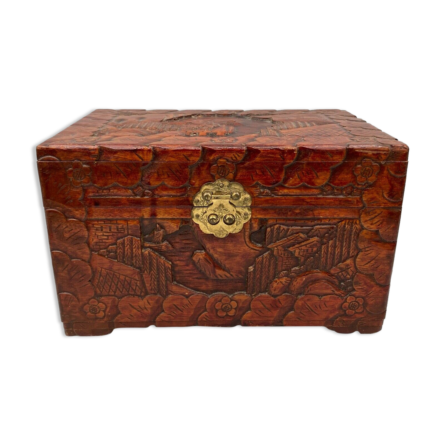 Wooden box carved china pagoda decoration