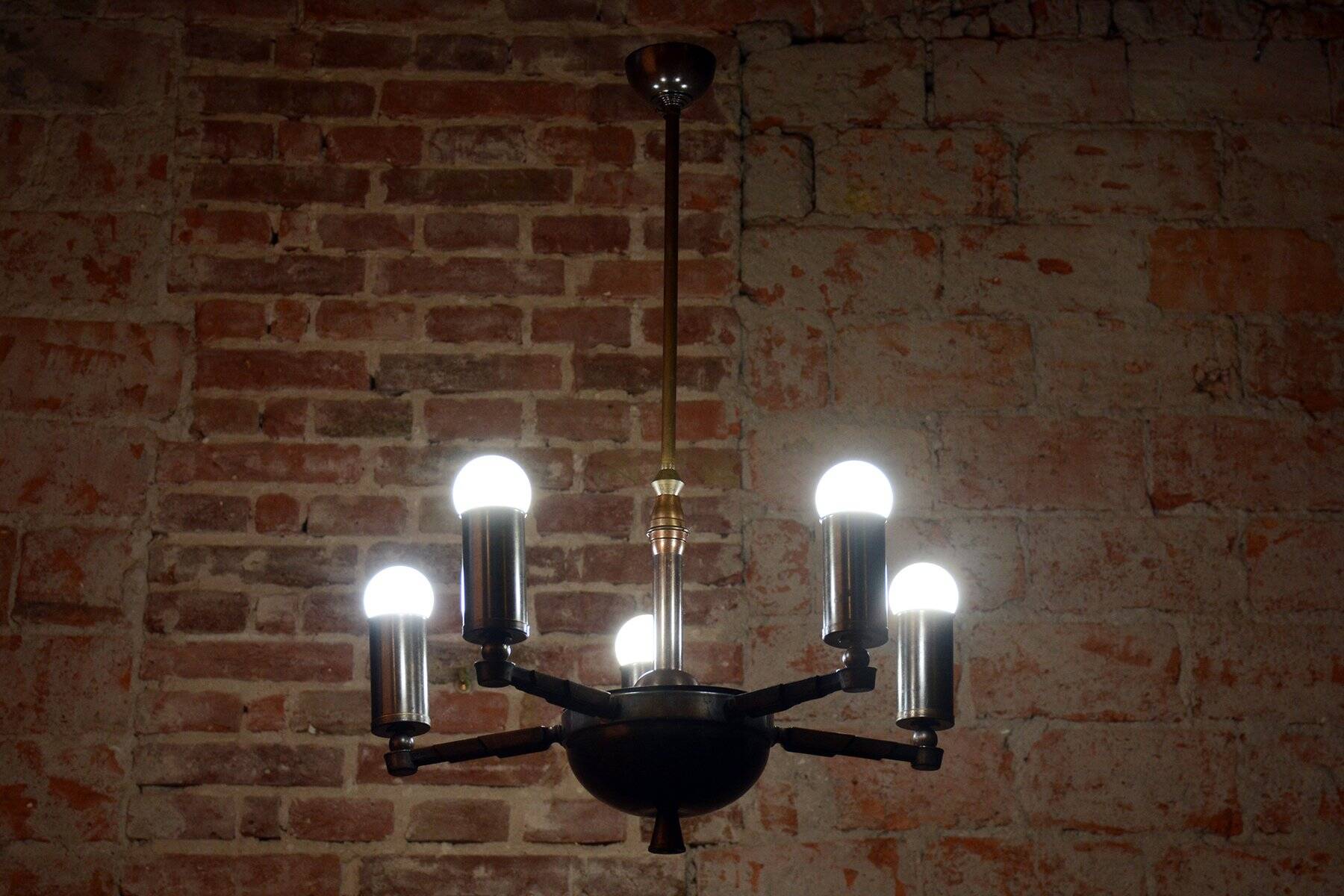 Cubist Chandelier in Brass and Bronze, Czech, 1910s
