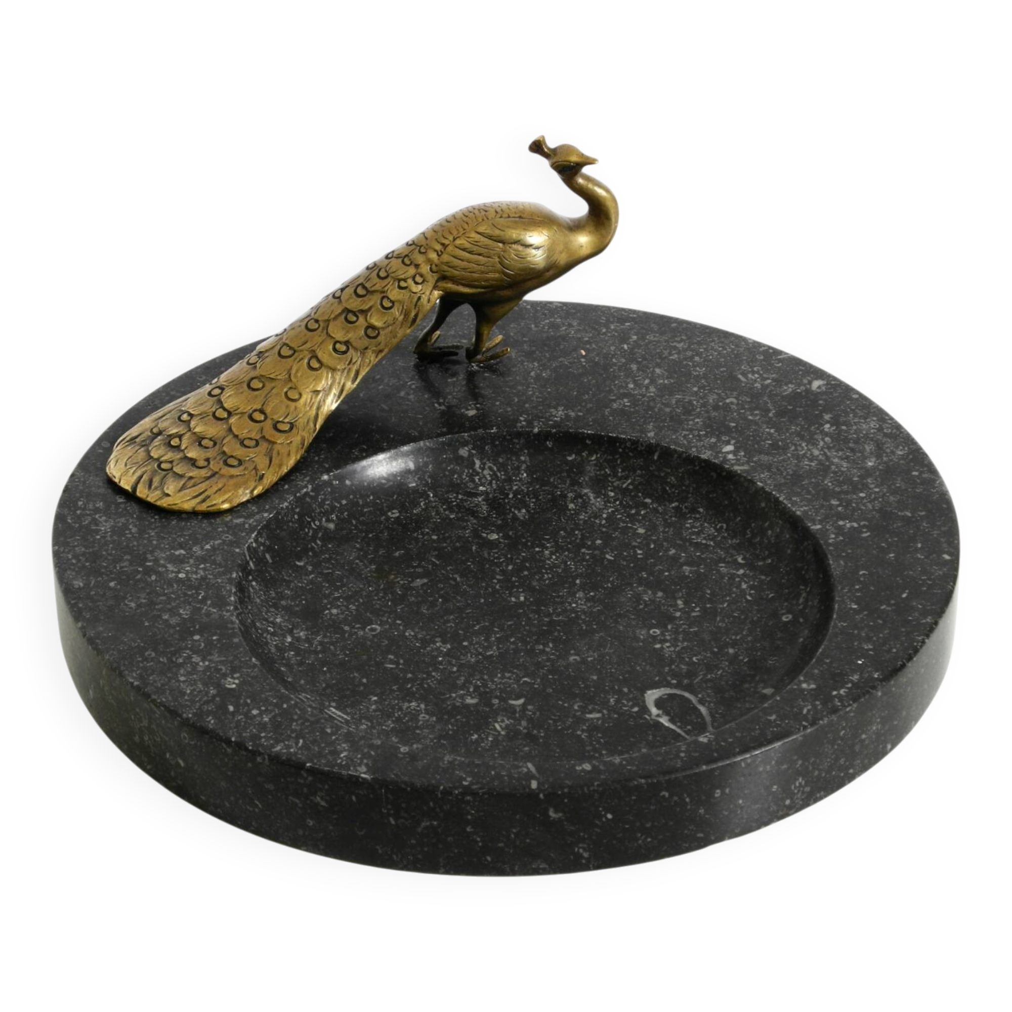 Beautiful, large black granite valet tray featuring a brass peacock, circa