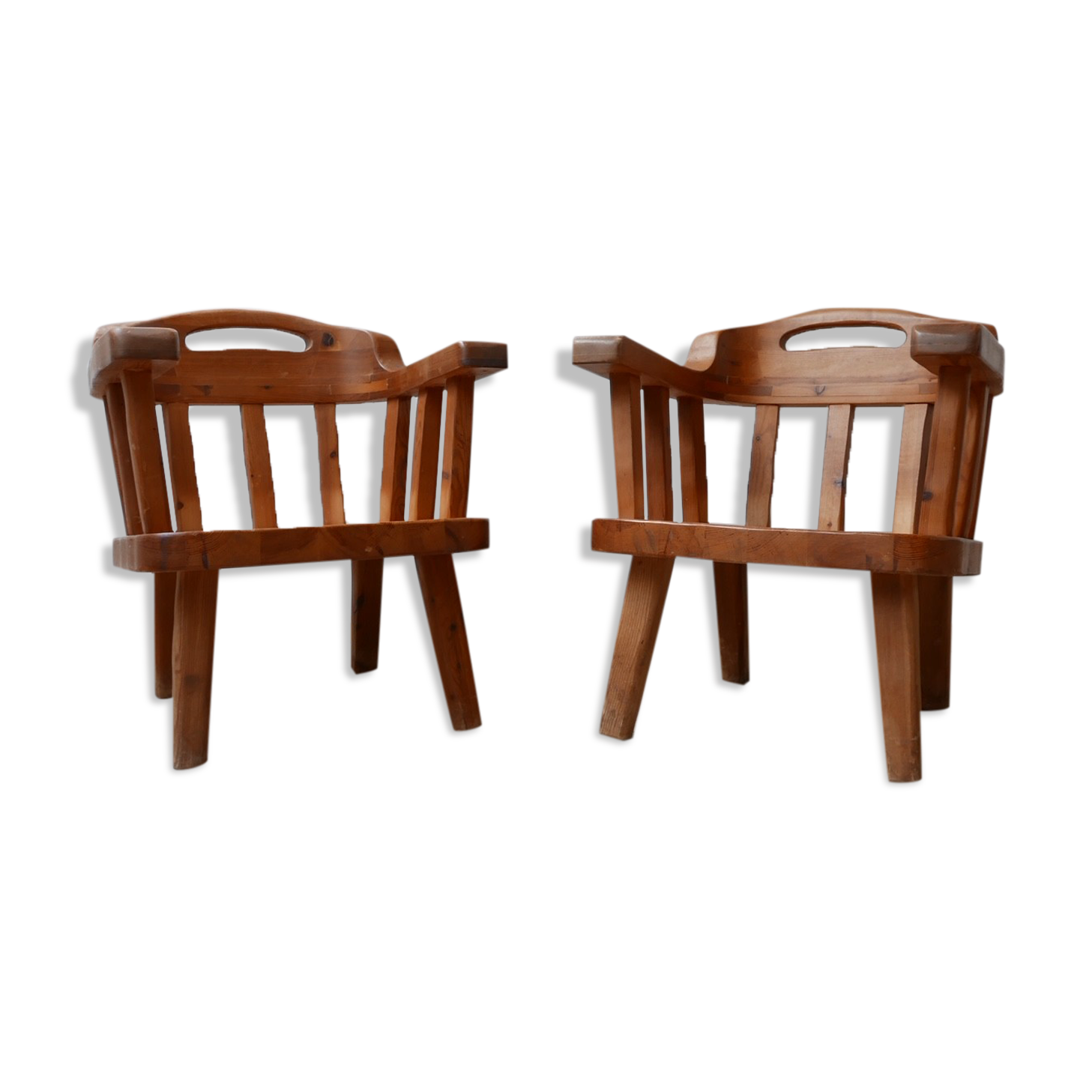 Pair of danish solid pine mid-century organic easy armchairs