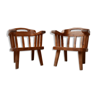 Pair of danish solid pine mid-century organic easy armchairs