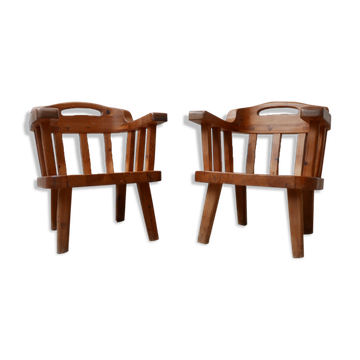 Pair of danish solid pine mid-century organic easy armchairs