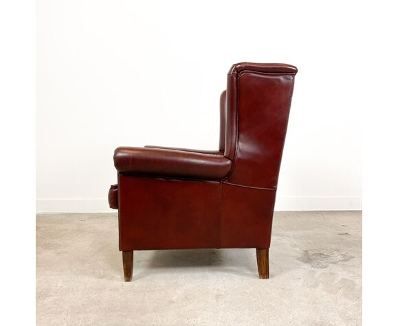 Vintage Dark Brown Sheep Leather, Antique Leather Wingback Chair