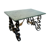 Green-forged neo-classical coffee table gold, green marble Poillerat 1940