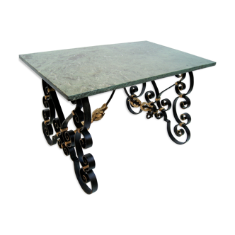 Green-forged neo-classical coffee table gold, green marble Poillerat 1940