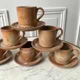Set of 6 handcrafted stoneware cups and sub-cups 70s