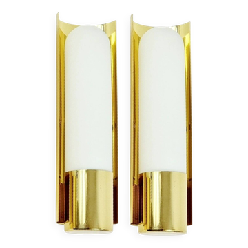 Pair of Hollywood Regency Wall Lights Brass & Opaline Glass Limburg, 1970s