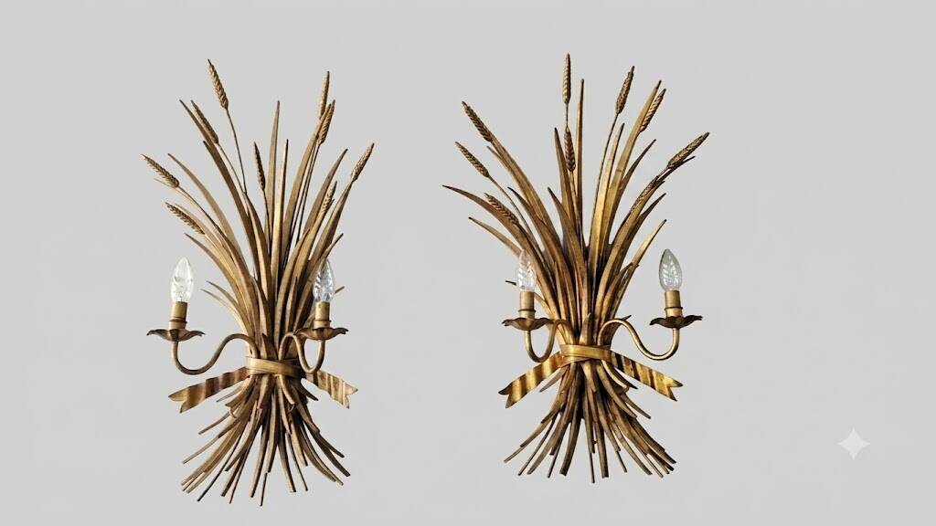 Paire d'appliques "Gerbe de blé" en métal doré par Hans Kögl