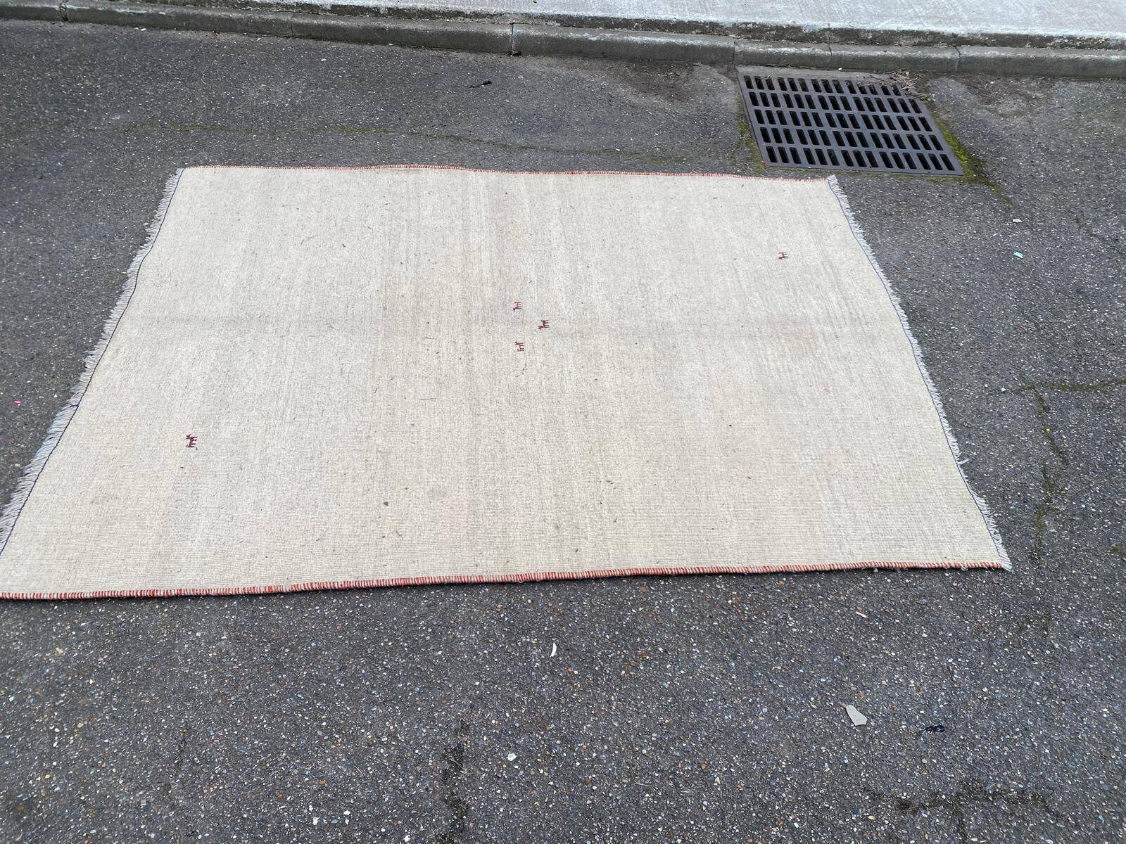 Vintage beige handwoven wool rug 175x235.