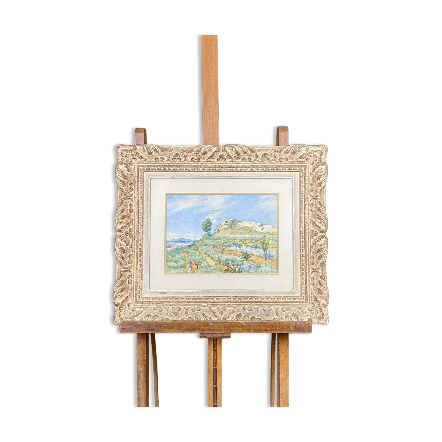 Watercolour landscape of Provence "the fort on the town", early 20th century.
