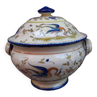 Round tureen martre tolosane signed rb floral pattern green blue birds