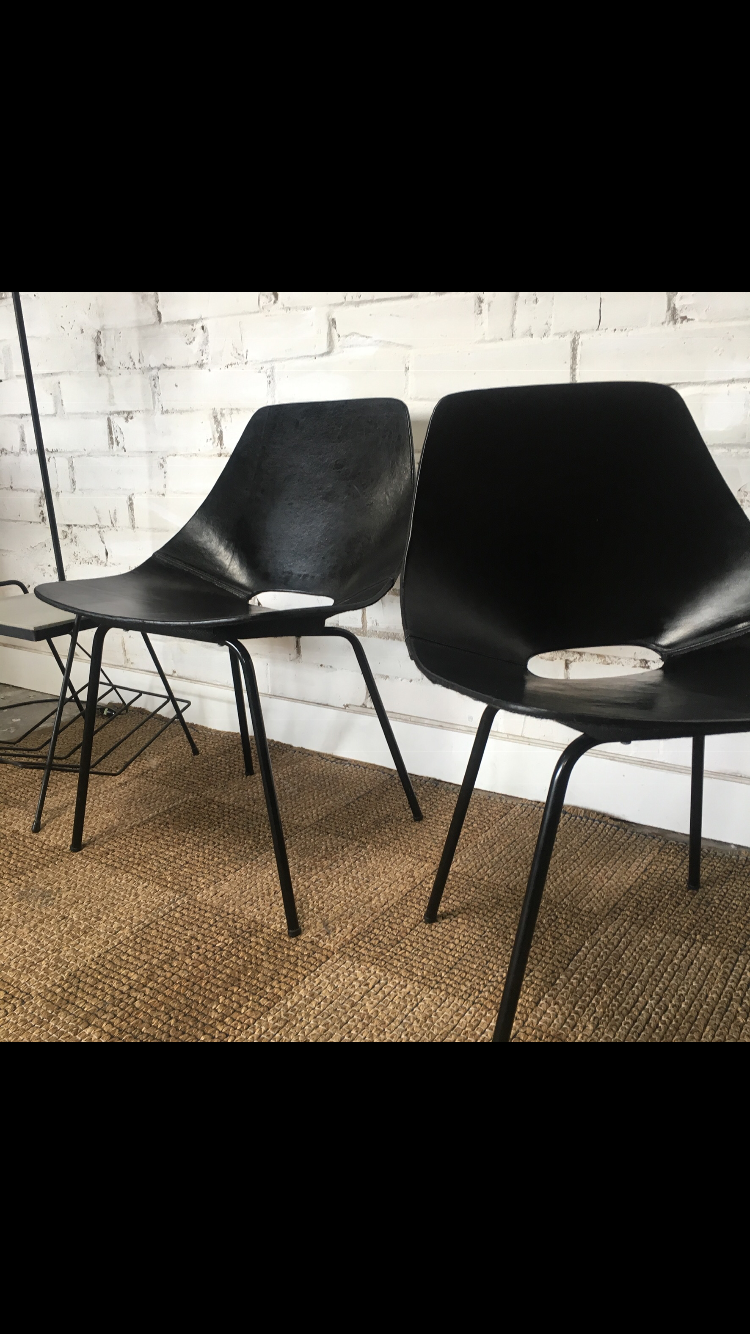 Pierre Guariche leather tonneau chairs, Maison du monde edition circa 2010