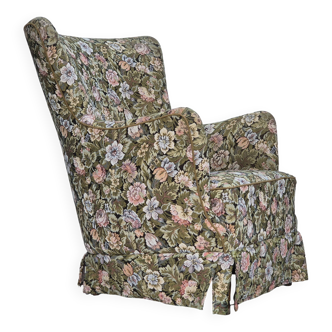 1970s, Danish armchair, reupholstered, flowers furniture fabric.