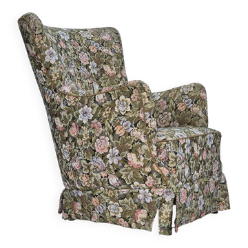 Fauteuil danois des années 1970, retapissé, tissu d'ameublement à fleurs.