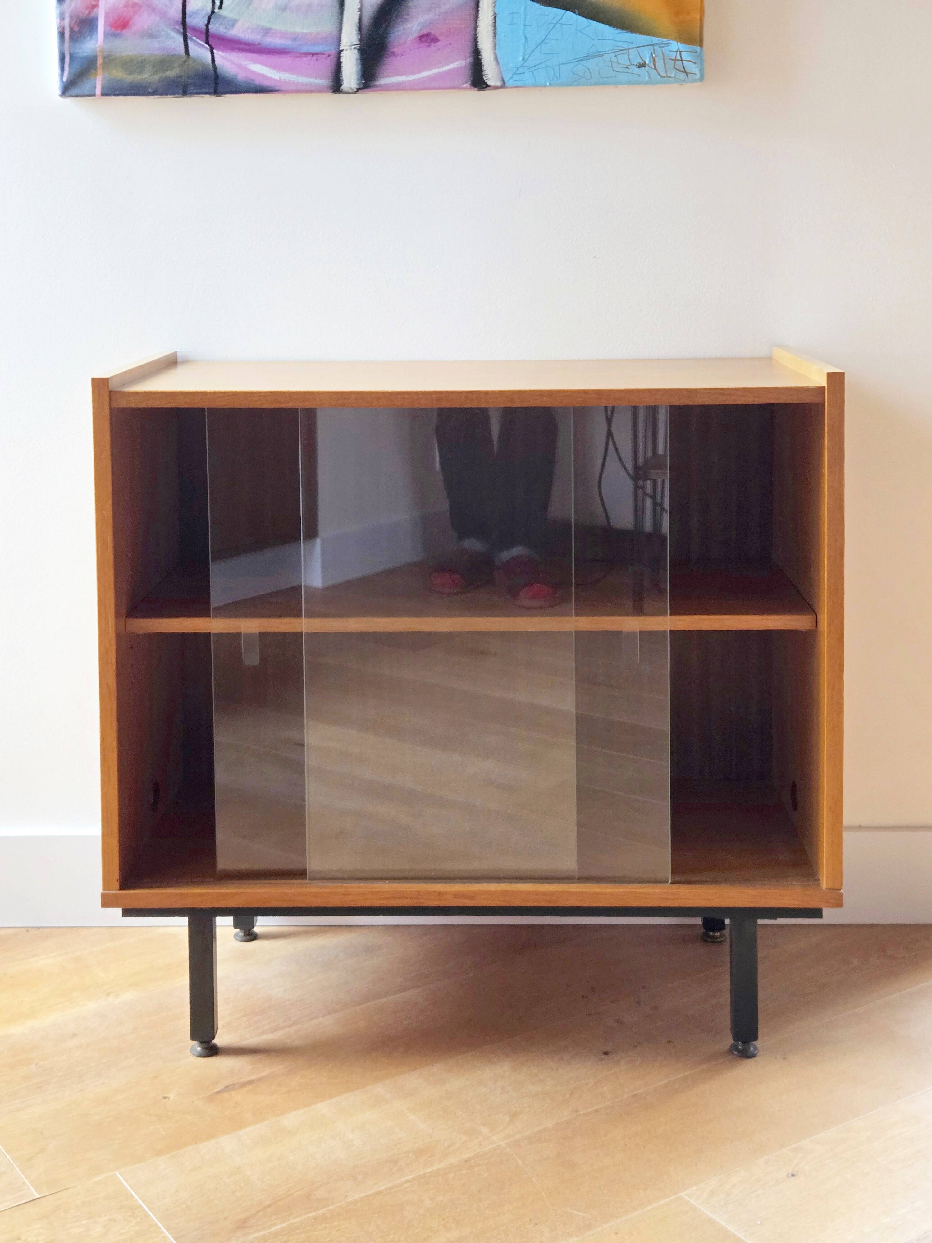 Low buffet or wooden display cabinet with sliding door - 1950s design