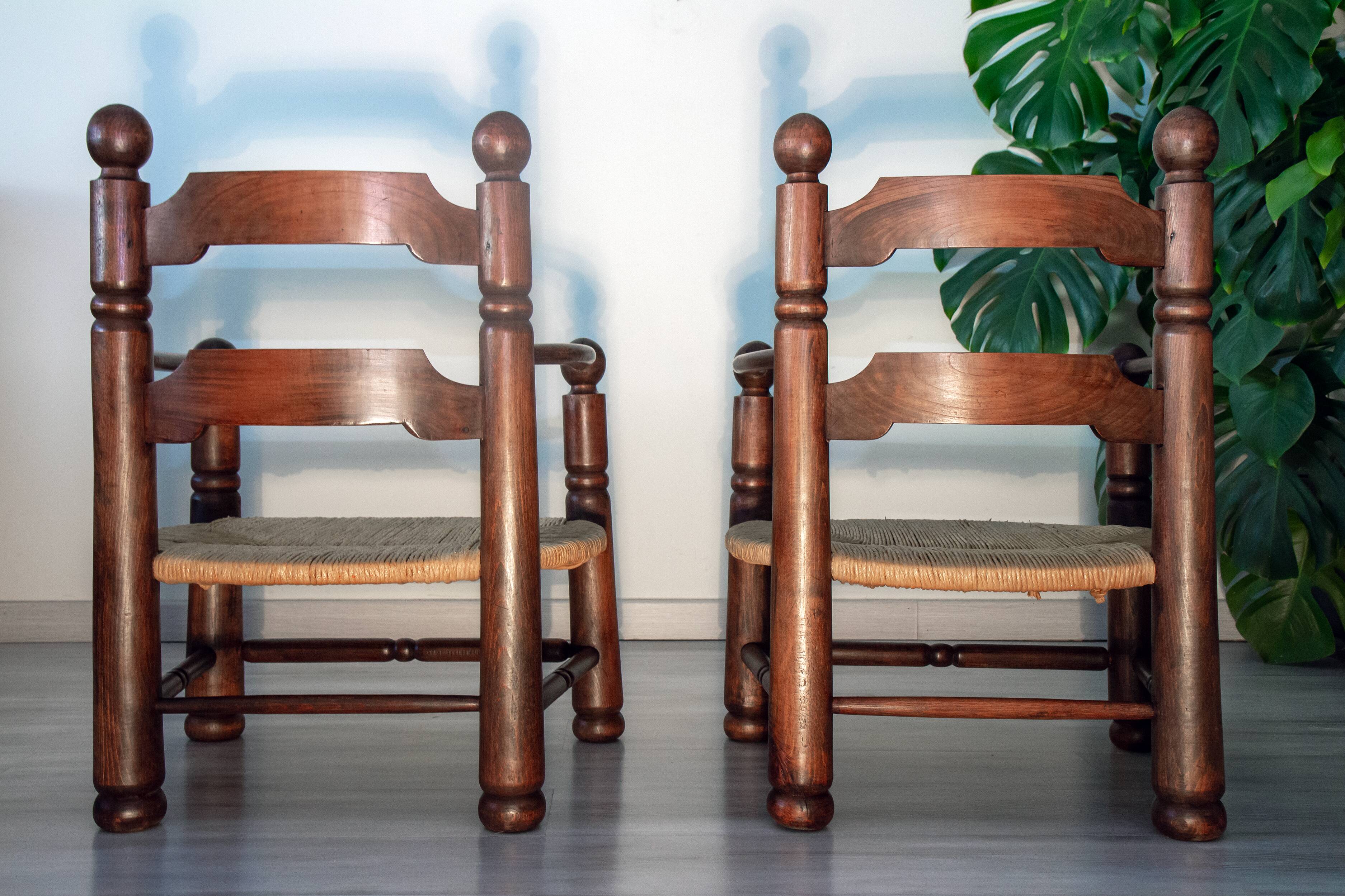 Oak and rush armchair, brutalist style, Charles Dudouyt, 1940s