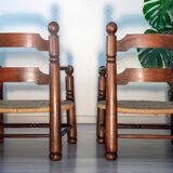 Oak and rush armchair, brutalist style, Charles Dudouyt, 1940s