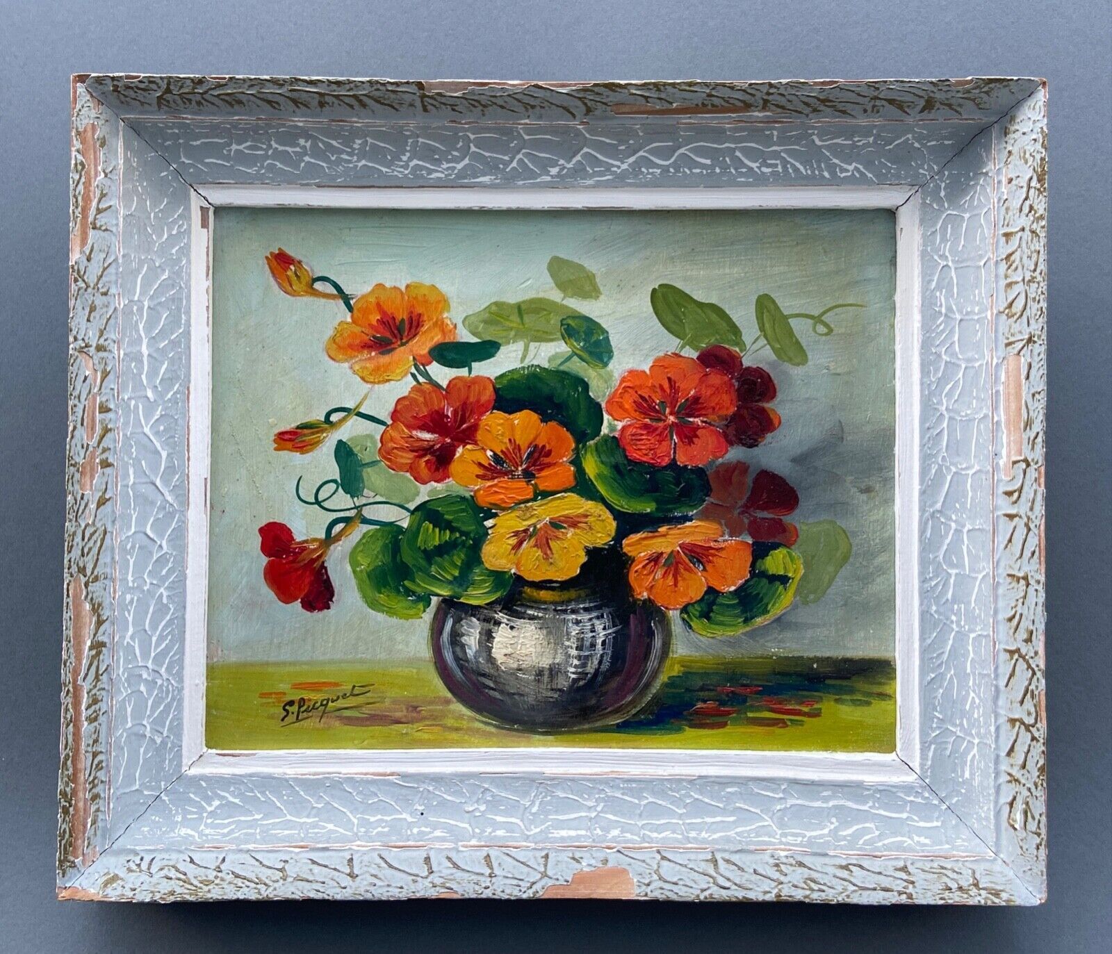 Oil on panel by S.Picquet bouquet of flowers still life XXe