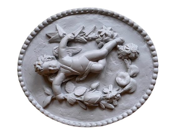 Plaster medallion cherub and garland of flowers patinated gray